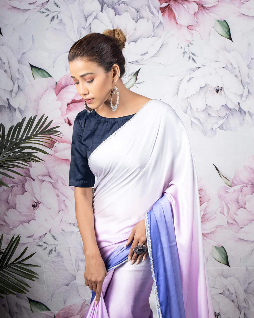 Purple And White Ombre Pattern Digital Print Chiffon Satin Saree With Siver Zari Lace Border