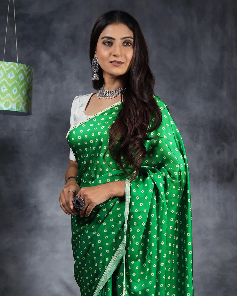 Forest Green And Beige Bandhanii Pattern Digital Print Georgette Satin Saree With Foil Mirror Work Lace Border