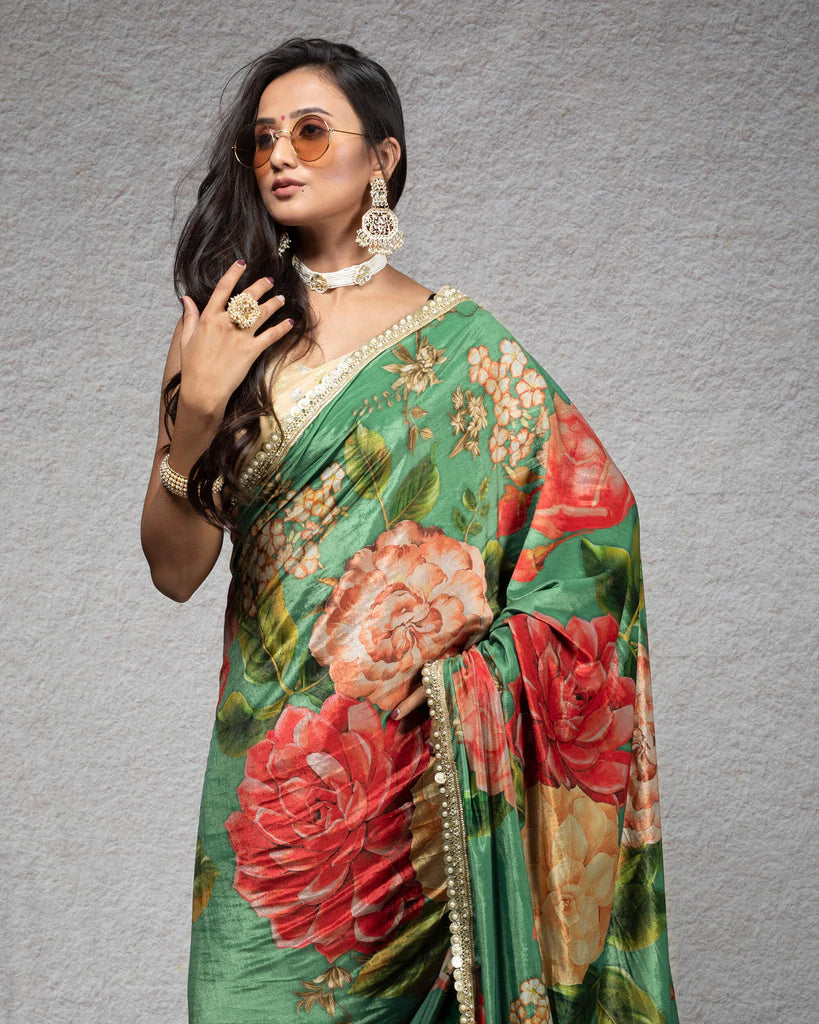 Fern Green And Pink Floral Pattern Digital Print Premium Velvet Saree With Zari Sequins Pearl Work Lace Border