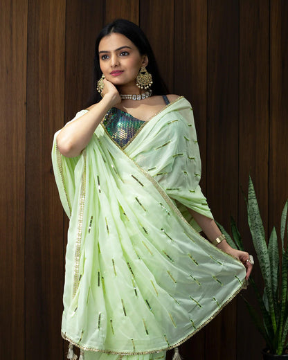 Tea Green Stripes Patten Sequins Embroidery Georgette Pre-Draped Saree With Tubular Beads Sequins Lace