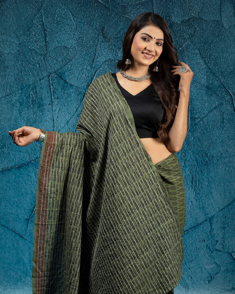 Mineral Green And Black Leaf Pattern Bagh Print Sequins Embroidery Handblock Natural Dye Cotton Saree