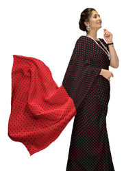 Sravani's Choice Black And Red Polka Dots Pattern Digital Print Chiffon Saree