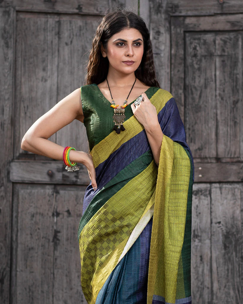 Green And Blue Stripes Pattern Digital Print Art Tusser Silk Saree With Tassels