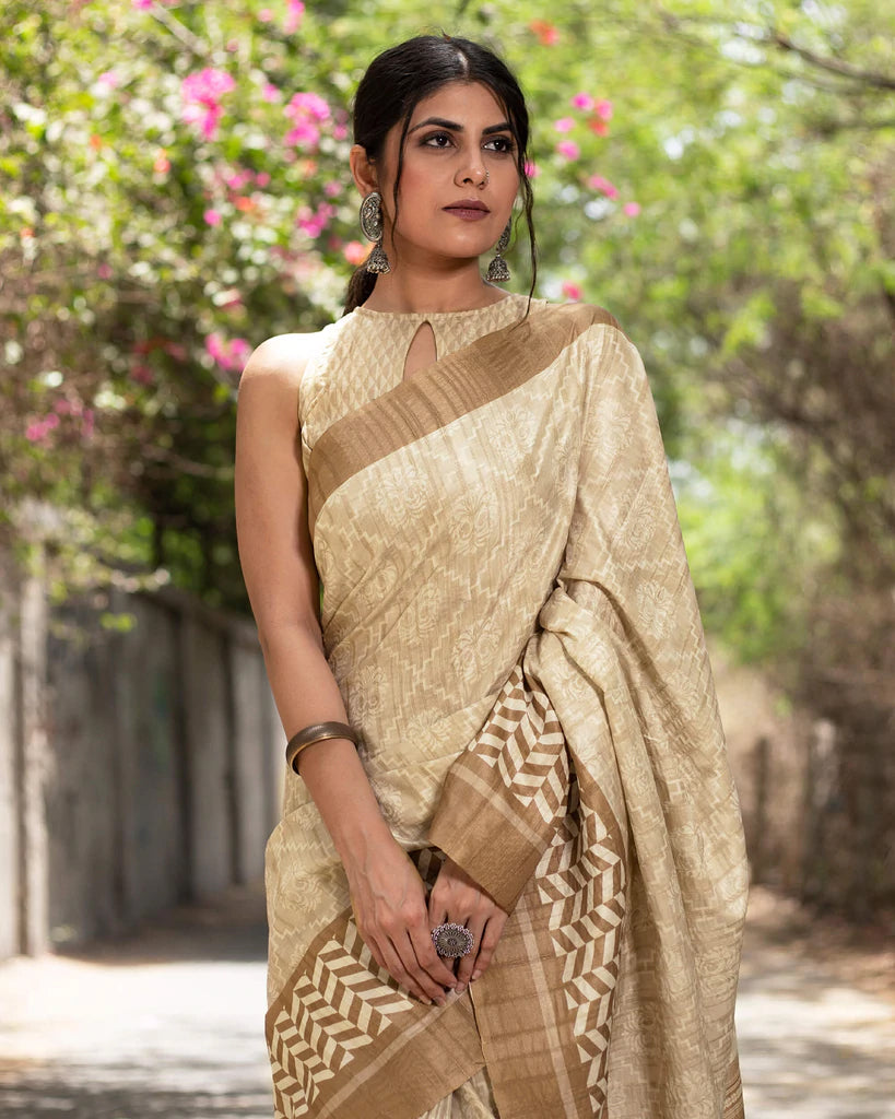 Oat Beige And Walnut Brown Traditional Pattern Digital Print Art Tusser Silk Saree With Tassels