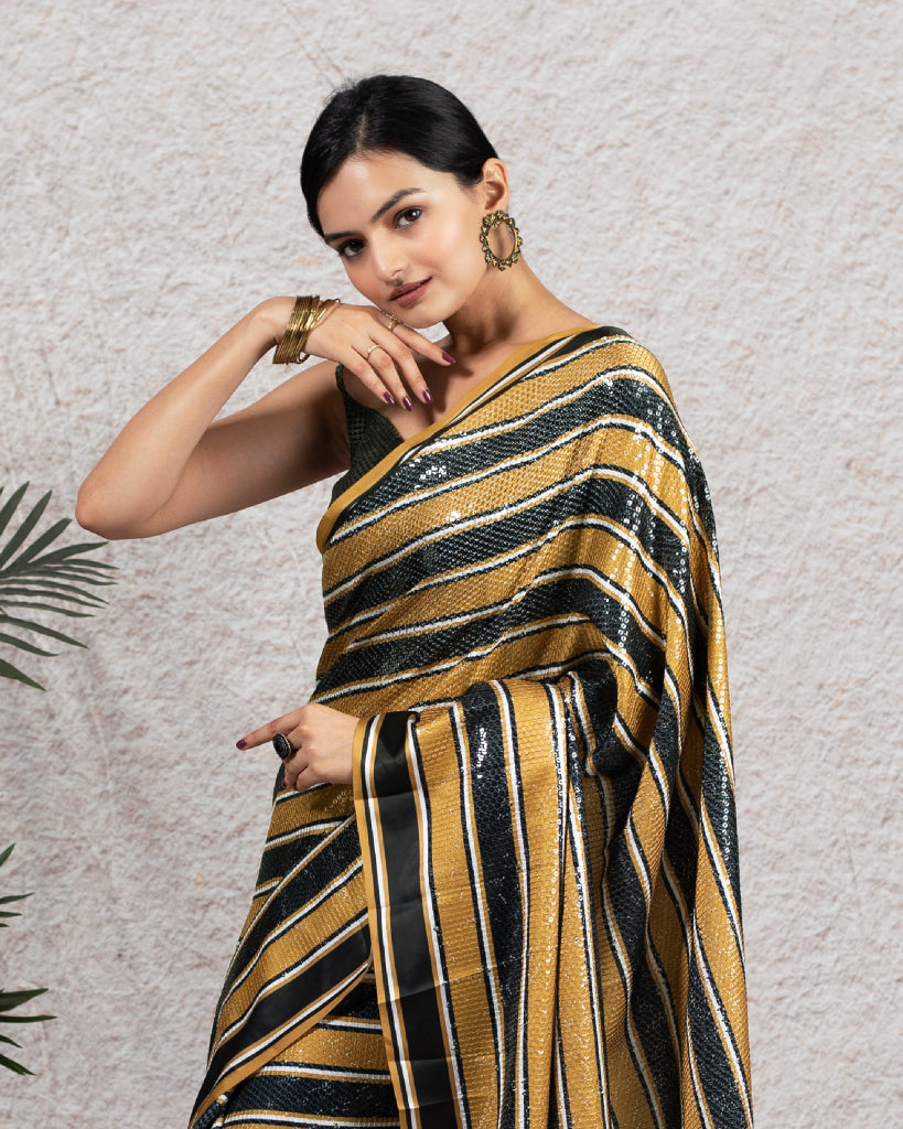 Golden Brown and Black Stripes Pattern All Over Premium Sequins Digital Print Japan Satin Saree