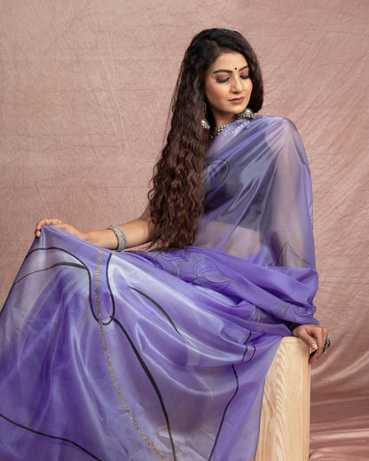 Royal Purple And Black Leaf Pattern Shimmer Tisshu Saree