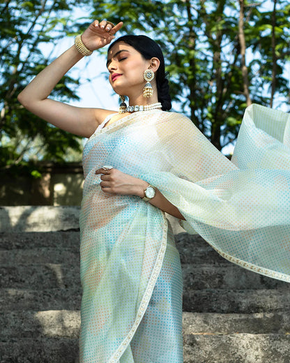 White And Blue Polka Dots Pattern Digtal Print Shimmer Tisshu Saree