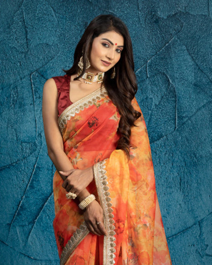 Orange And Red Floral Pattern Shimmer Tisshu Saree With Zari Sequins Lace Border