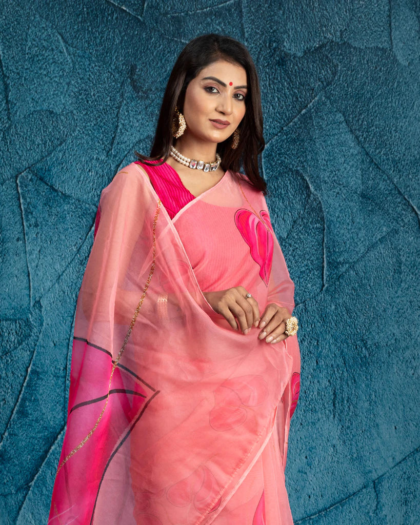 Salmon Pink And Black Leaf Pattern Organza Saree