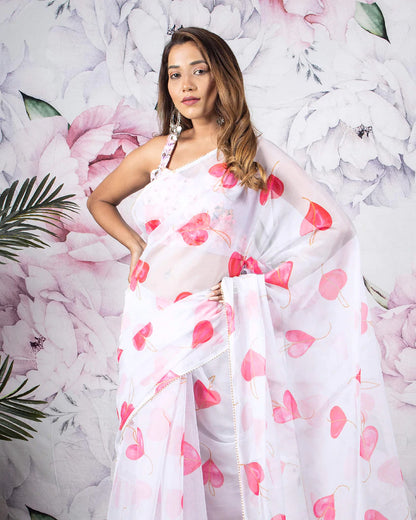 White And Pink Heart Pattern Hand Paint Effect Shimmer Tisshu Saree With Pearl Work Lace Border