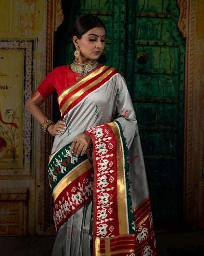 Dolphin Grey And Maroon Patolaa Pattern Zari Jacquard Bordered Premium Banarasi Silk Saree