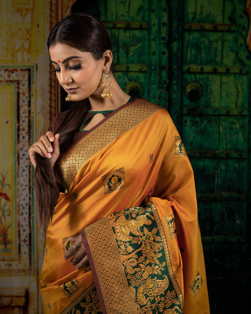 Fire Yellow And Green Floral Pattern Zari Jacquard Bordered Premium Banarasi Silk Saree With Blouse
