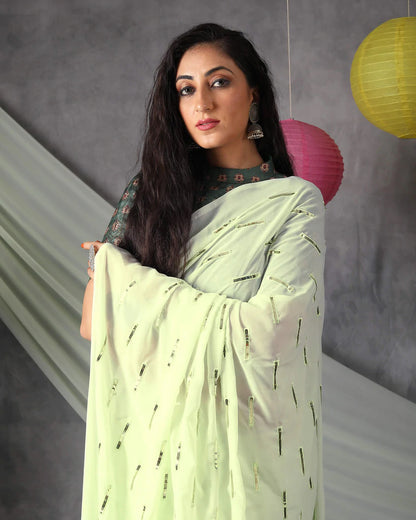 Tea Green Stripes Pattern Sequins Embroidery Georgette Saree