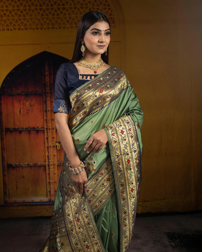 Sage Green And Navy Blue Pethni Pattern Zari Jacquard Bordered Premium Banarasi Silk Saree With Blouse