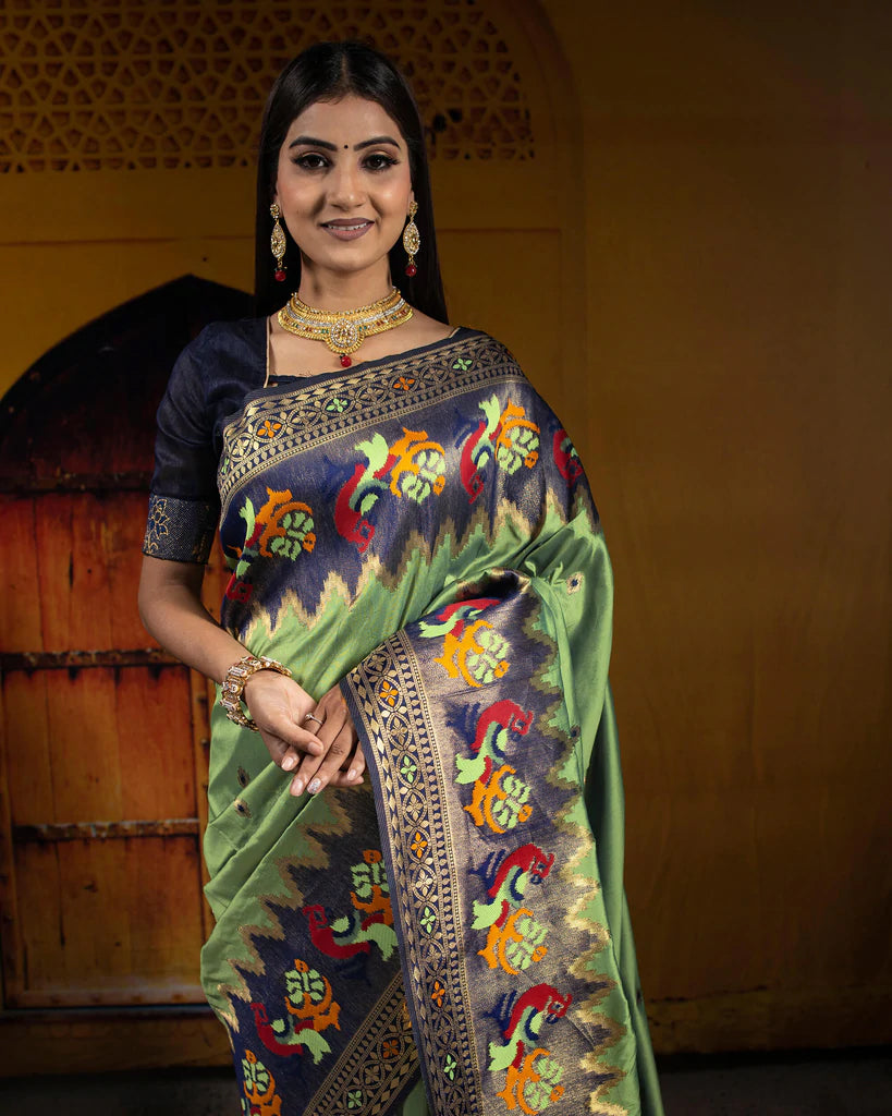 Sage Green And Navy Blue Booti Pattern Zari Jacquard Bordered Premium Banarasi Silk Saree With Blouse