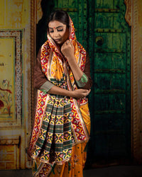 Fire Yellow And Red Patolaa Pattern Zari Jacquard Bordered Premium Banarasi Silk Saree With Blouse