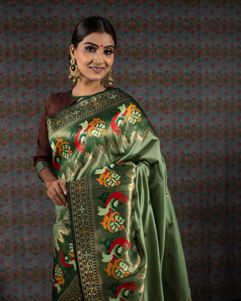Sage Green And Red Booti Pattern Zari Jacquard Bordered Premium Banarasi Silk Saree With Blouse