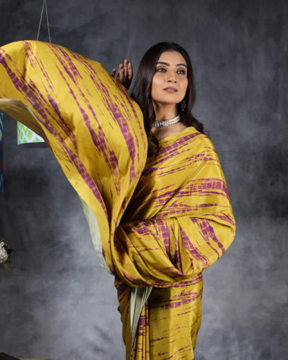 Dijon Yellow And Purple Shiiborii Pattern Digital Print Crepe Silk Saree With Tassels