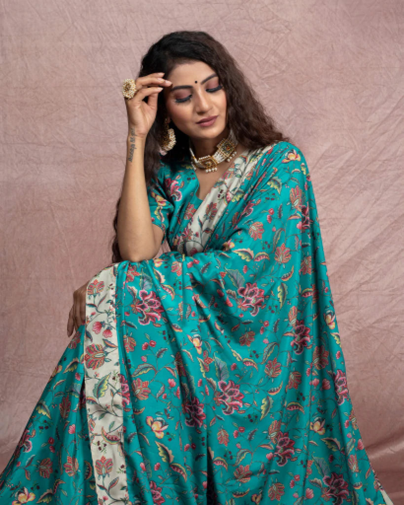 Deep Teal Green And Red Floral Pattern Digital Print Crepe Silk Saree With Printed Silk Border