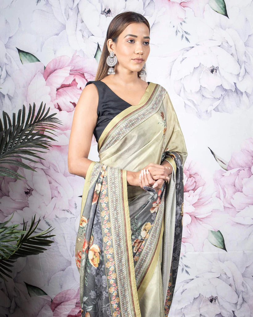 Moss Green And Grey Floral Pattern Digital Print Crepe Silk Saree