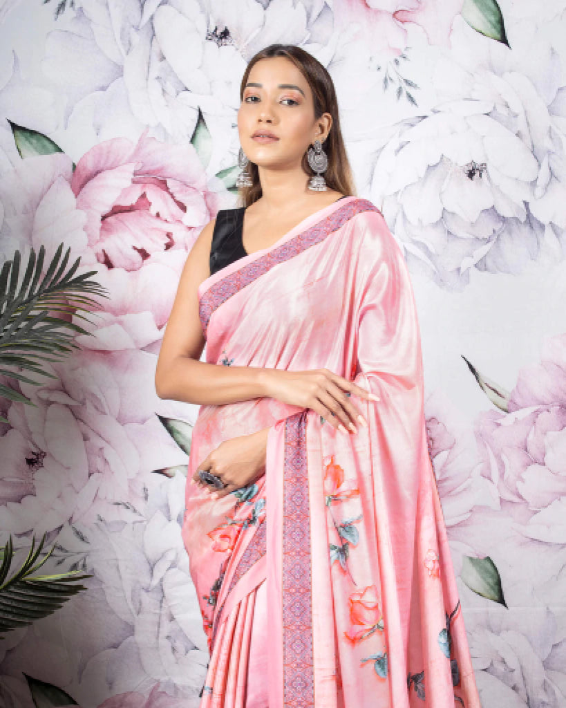 Pink And Green Floral Pattern Digital Print Crepe Silk Saree