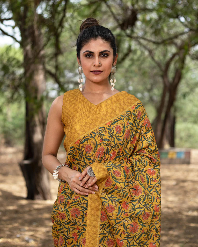 Mustard Yellow And Red Floral Pattern Digital Print Art Tusser Silk Saree With Tassels