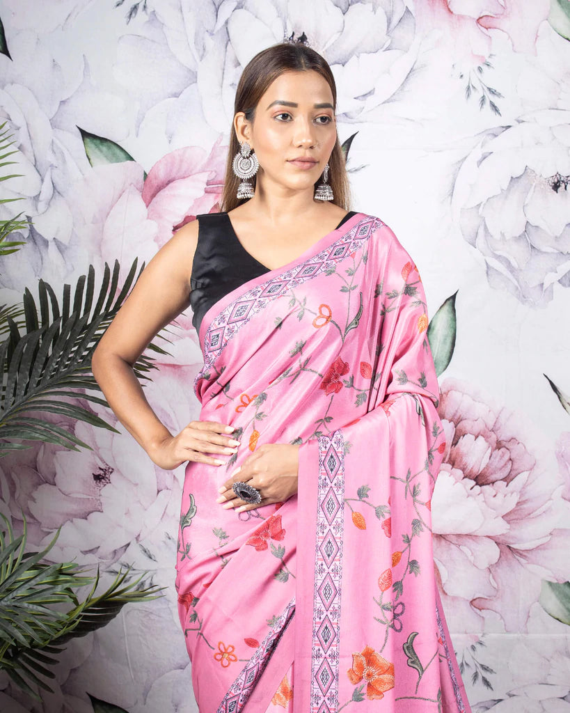 Persian Pink And Red Floral Pattern Digital Print Crepe Silk Saree