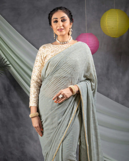 Dolphin Grey Leheriya Golden Dew Drops Georgette Saree With Zari Lace Border