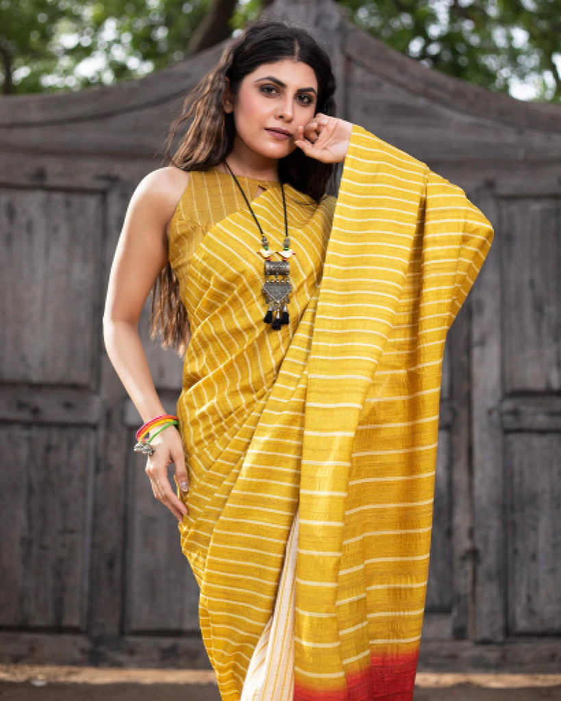 medallion Yellow And Oat Beige Stripes Pattern Digital Print Art Tusser Silk Saree With Tassels