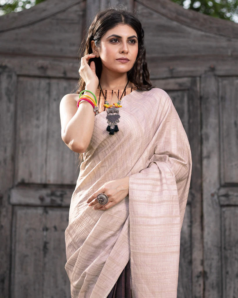 Oyster Pink And Chocolate Brown Ombre Pattern Digital Print Art Tusser Silk Saree With Tassels