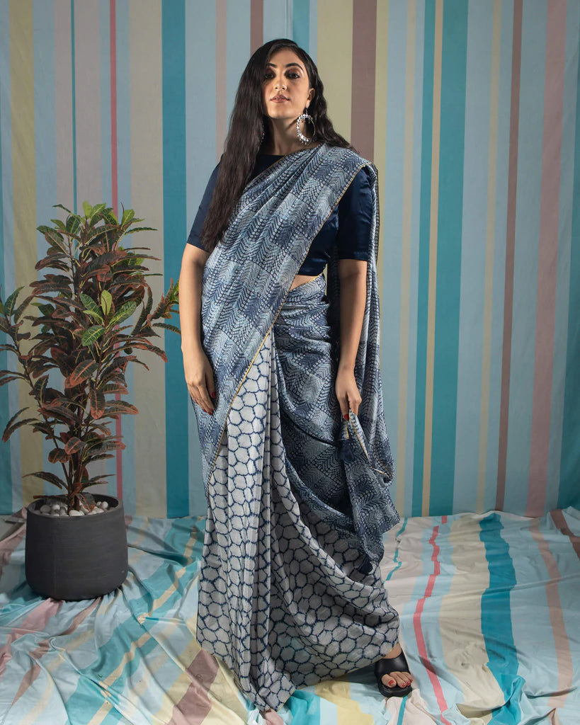 Blue Shiiborii Pattern Digital Print Viscose Uppada Silk Saree With Tassels