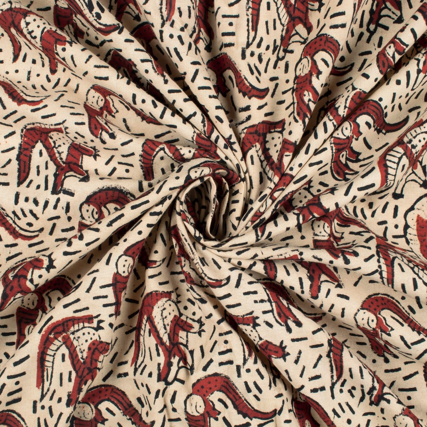 Beige And Brick Red Animal Pattern Bagru Dabu Handblock Cotton Fabric