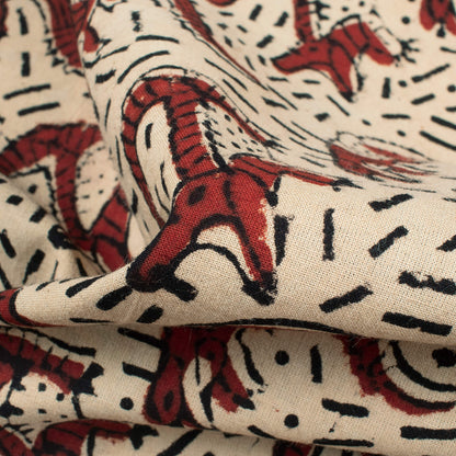 Beige And Brick Red Animal Pattern Bagru Dabu Handblock Cotton Fabric