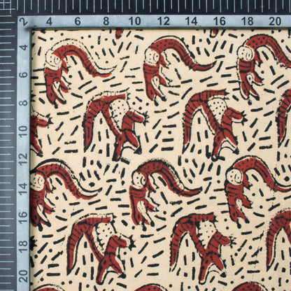 Beige And Brick Red Animal Pattern Bagru Dabu Handblock Cotton Fabric