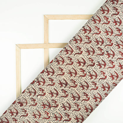 Beige And Brick Red Animal Pattern Bagru Dabu Handblock Cotton Fabric