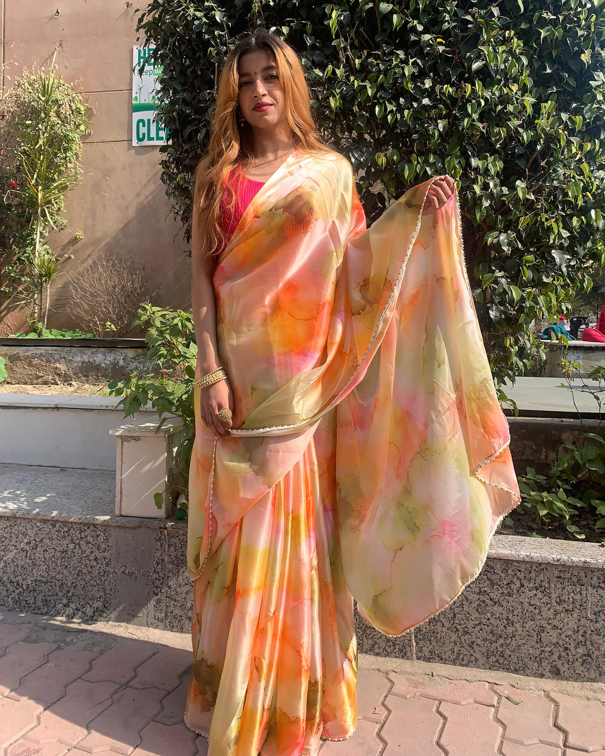 Orange And Moss Green Marble Pattern Organza Satin Saree With Pearl Work Lace