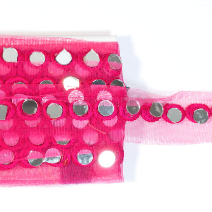 Hot Pink Booti Pattern Embroidery With Mirror Work Net Lace (9 Mtr)