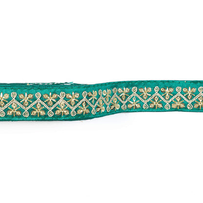 Pine Green Chevron Pattern Zari Sequins Embroidery Tusser Silk Lace (9 Mtr)