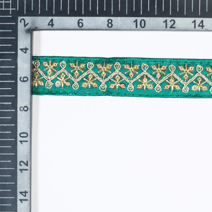 Pine Green Chevron Pattern Zari Sequins Embroidery Tusser Silk Lace (9 Mtr)