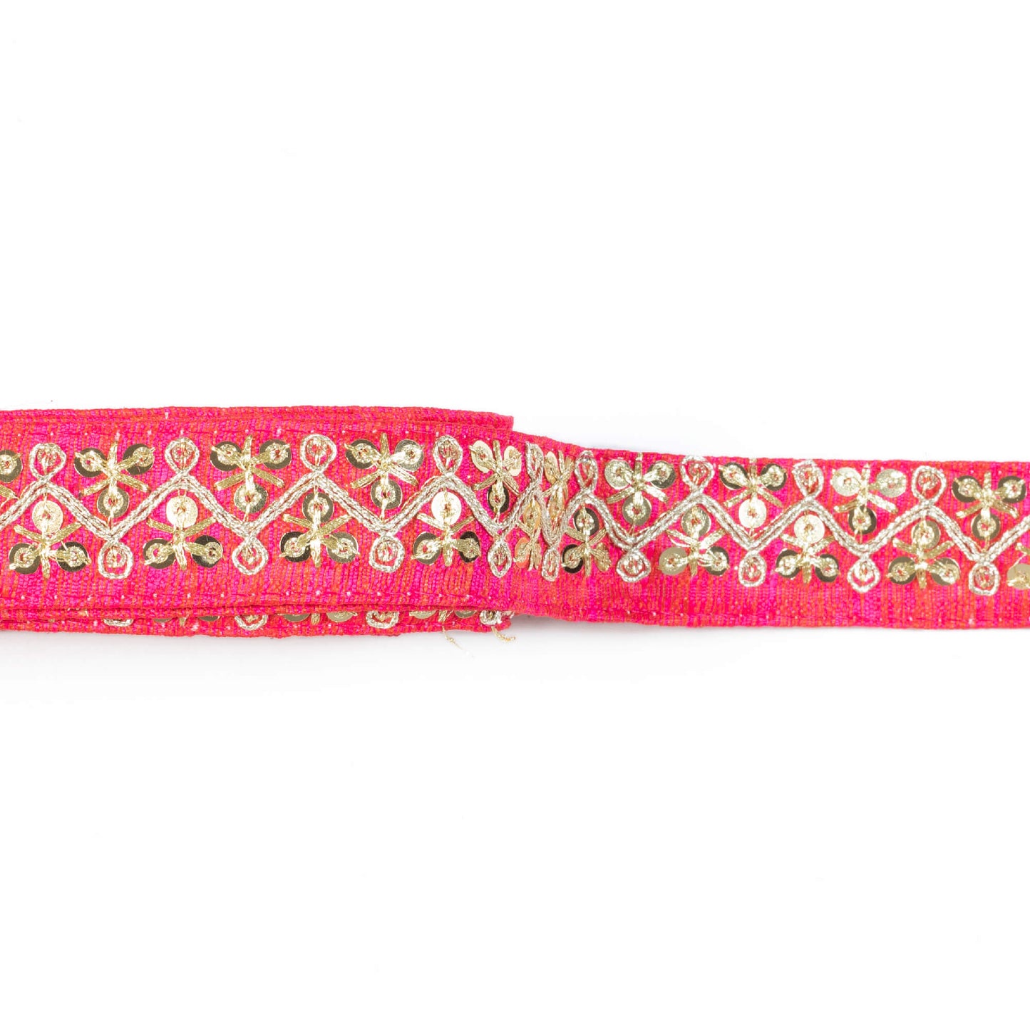 Deep Pink Chevron Pattern Zari Sequins Embroidery Tusser Silk Lace (9 Mtr)