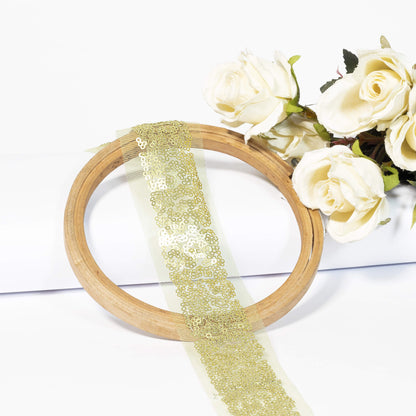 Golden Traditional Pattern Sequins Net Lace (9 Mtr)