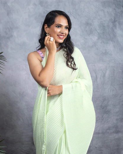 Tea Green Plain Half Pleated Japan Satin Saree