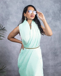 Mint Green Plain Half Pleated Japan Satin Saree