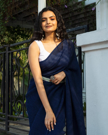 Navy Blue Plain Half Pleated Digital Print Georgette Saree