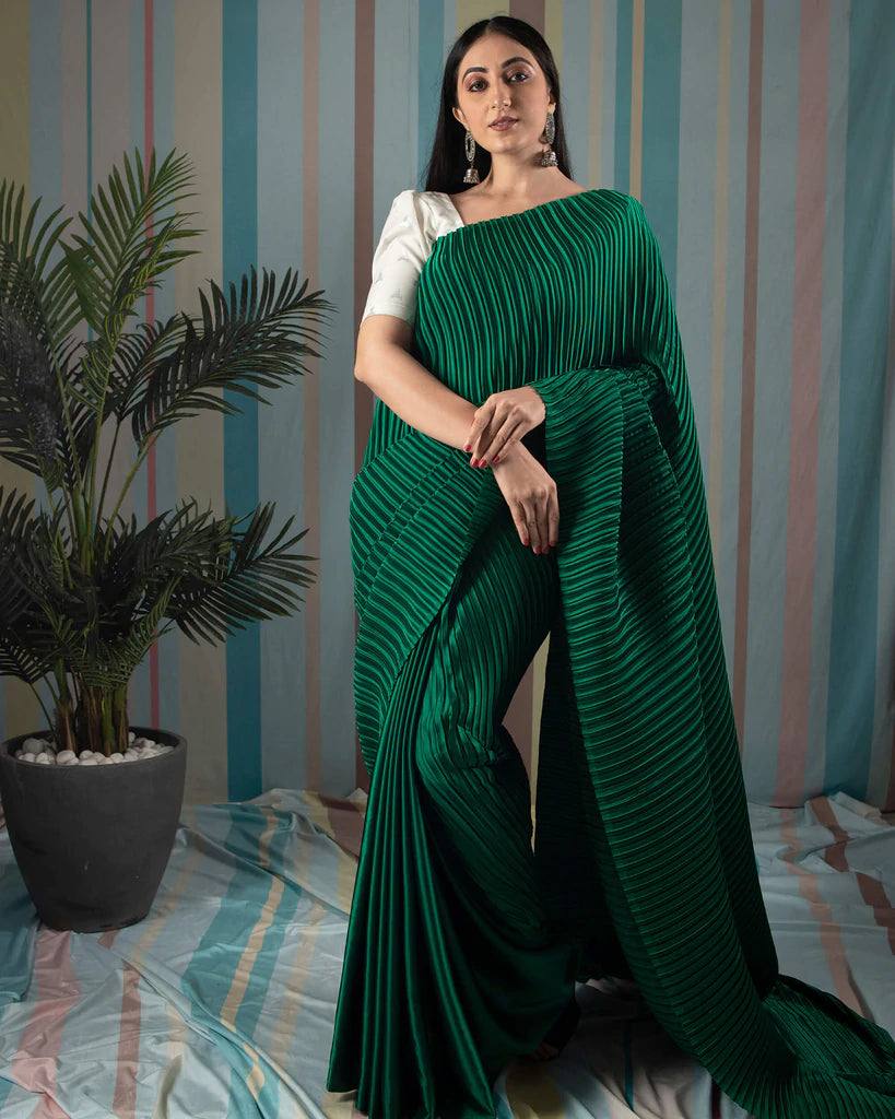 Sacramento Green Plain Half Pleated Japan Satin Saree