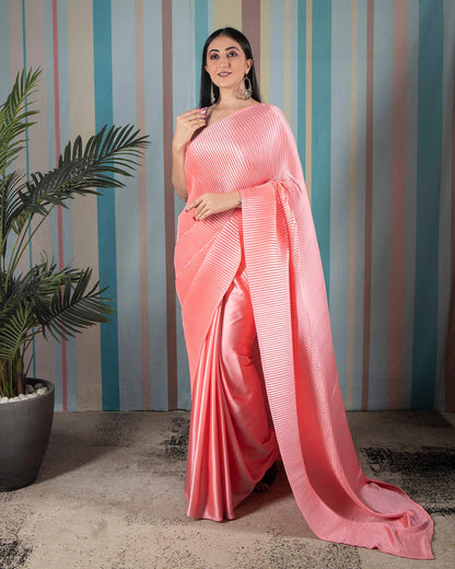 Salmon Pink Plain Half Pleated Japan Satin Saree