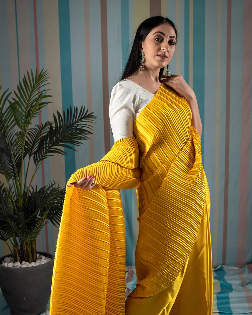 Mustard Yellow Plain Half Pleated Japan Satin Saree