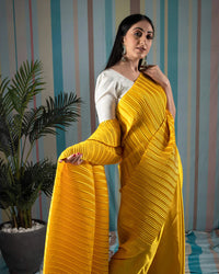 Mustard Yellow Plain Half Pleated Japan Satin Saree