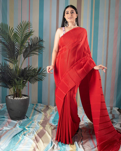 Chilli Red Plain Half Pleated Japan Satin Saree