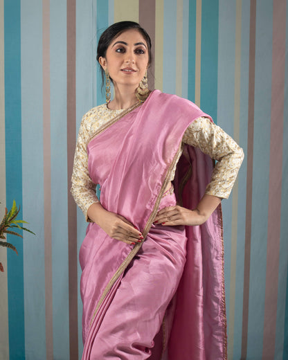 Thulian Pink Plain Viscose Uppada Silk Saree With Lace Border